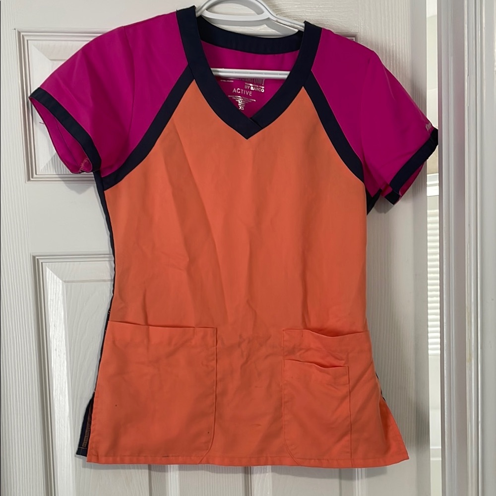 Grey's Anatomy Fitted Color-Block Orange and Pink scrub top